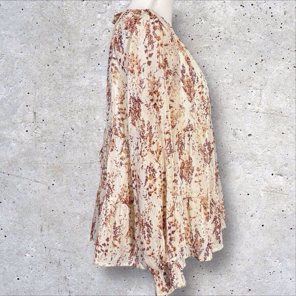 Andree By Unit Tiered Floral Top Cream Brown Semi Sheer Large Boho Peasant - Picture 3 of 8